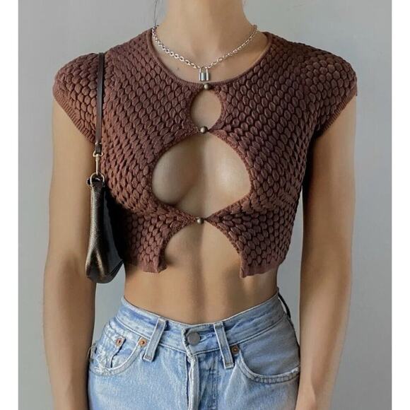 Urban Outfitters Sweaters - Urban Outfitters Medium Keyhole Bubble Sweater Top Cropped Button Up Brown